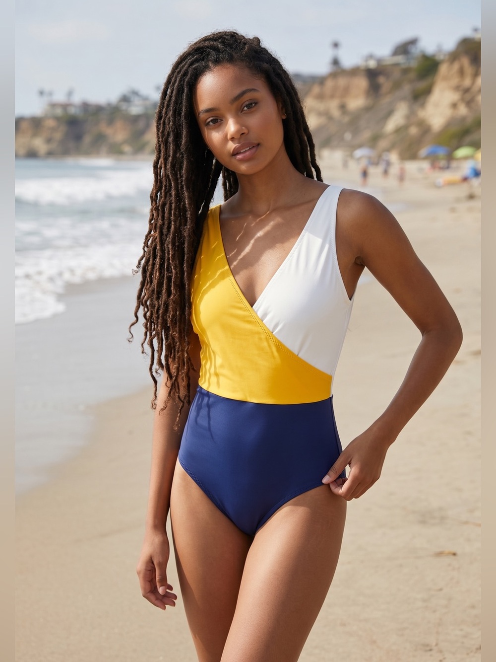 SOLID & STRIPED $158 XS, Med. Yellow, White & Navy Colorblock One-Piece